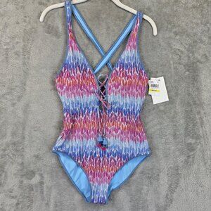 BECCA Joshua Tree Swimsuit Womens M Multi Color One Piece Tassel Lace Up Strappy